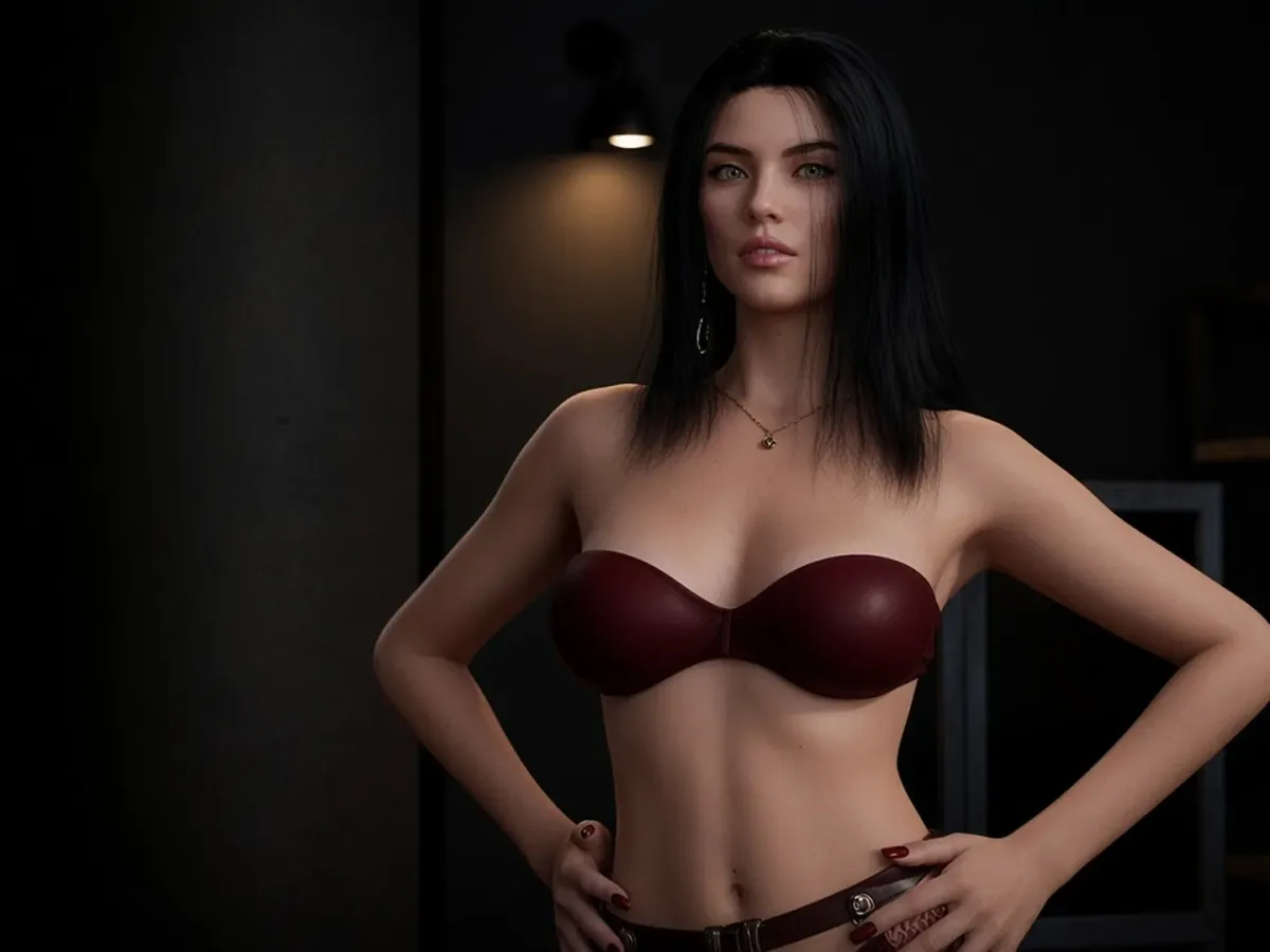 Sofie, the AI Mistress of To Survive: Femdom Date, in a dark room with her hands on her hips
